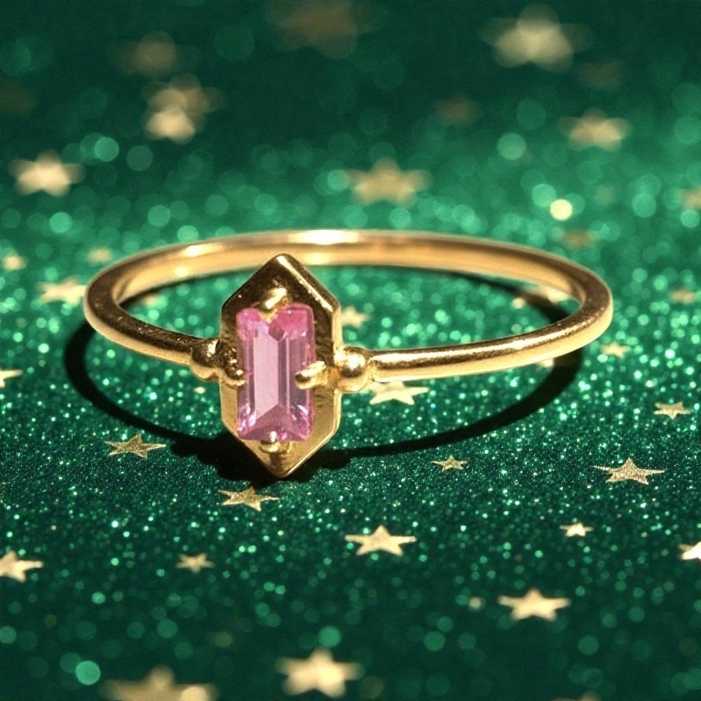 New Size 8 Emerald Cut Pink Pronged Gold Ring Minimalist Rhinestone Jewel Simple